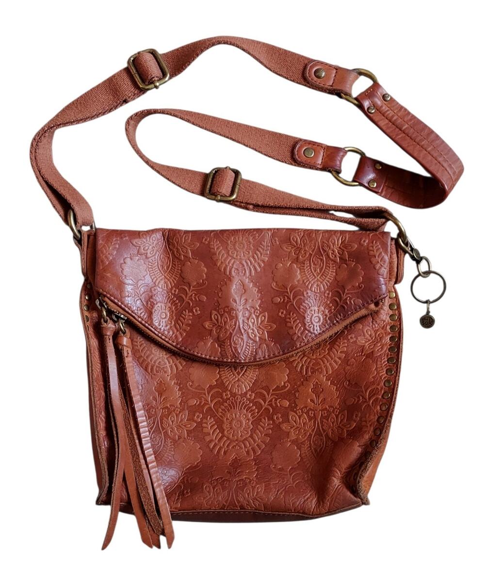 The Sak Silverlake Embossed Floral Flap Crossbody Brown Leather Purse Bag Rivets